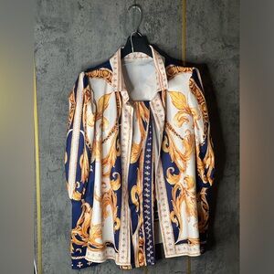 Two Piece Set Elegant Blue and Gold Blouse/bottoms
